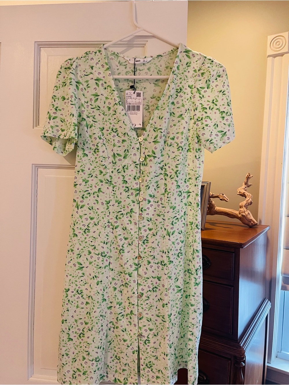 Mango Mint Green Floral Button-Front Mini Dress